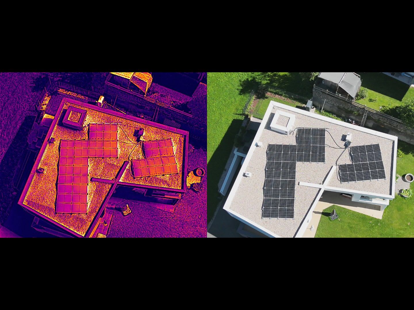 Photovoltaikanlage auf einem Flachdach: links das Wärmebild, rechts das Foto der Drohne